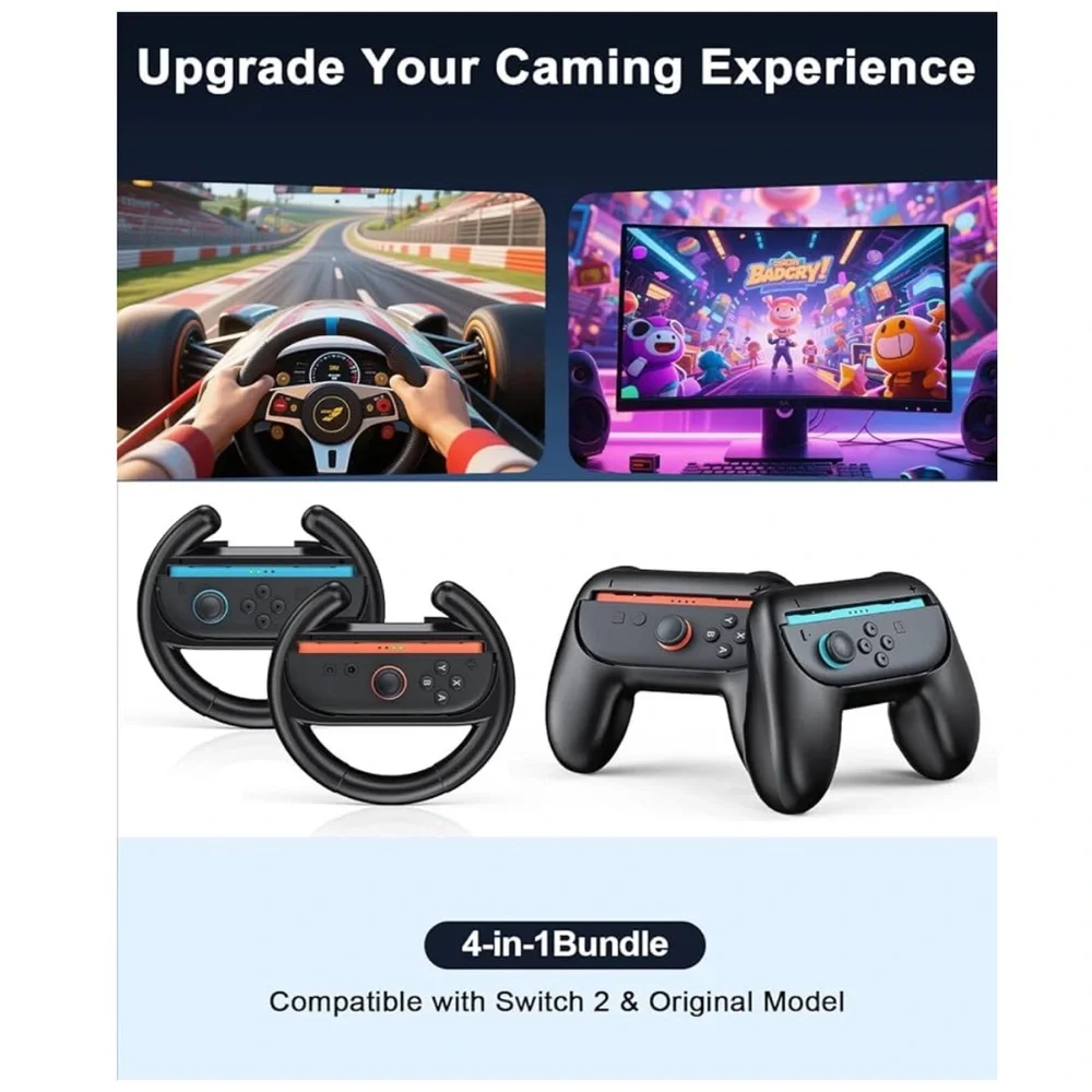 💜2Pack Hand Grips & 2Pack Steering Wheel Compatible with Switch2 Console joycons